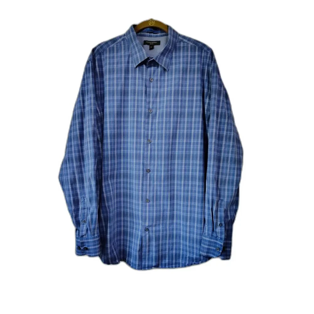 Banana Republic Slim Fit Blue Plaid Stretch Button Down Shirt Men's XL